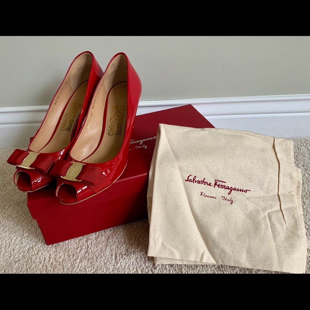 Salvatore Ferragamo Red Carla Patent Pumps. Size 7